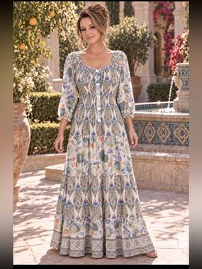NWT Boho Figueroa and Flower Green Cream Blue Maxi Tiered Smocked Dress L